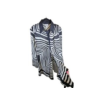 Navora Bl. & Wh. Sheer Tunic Blouse Bold Psychedelic Print " Op Art" VTG Sz. L